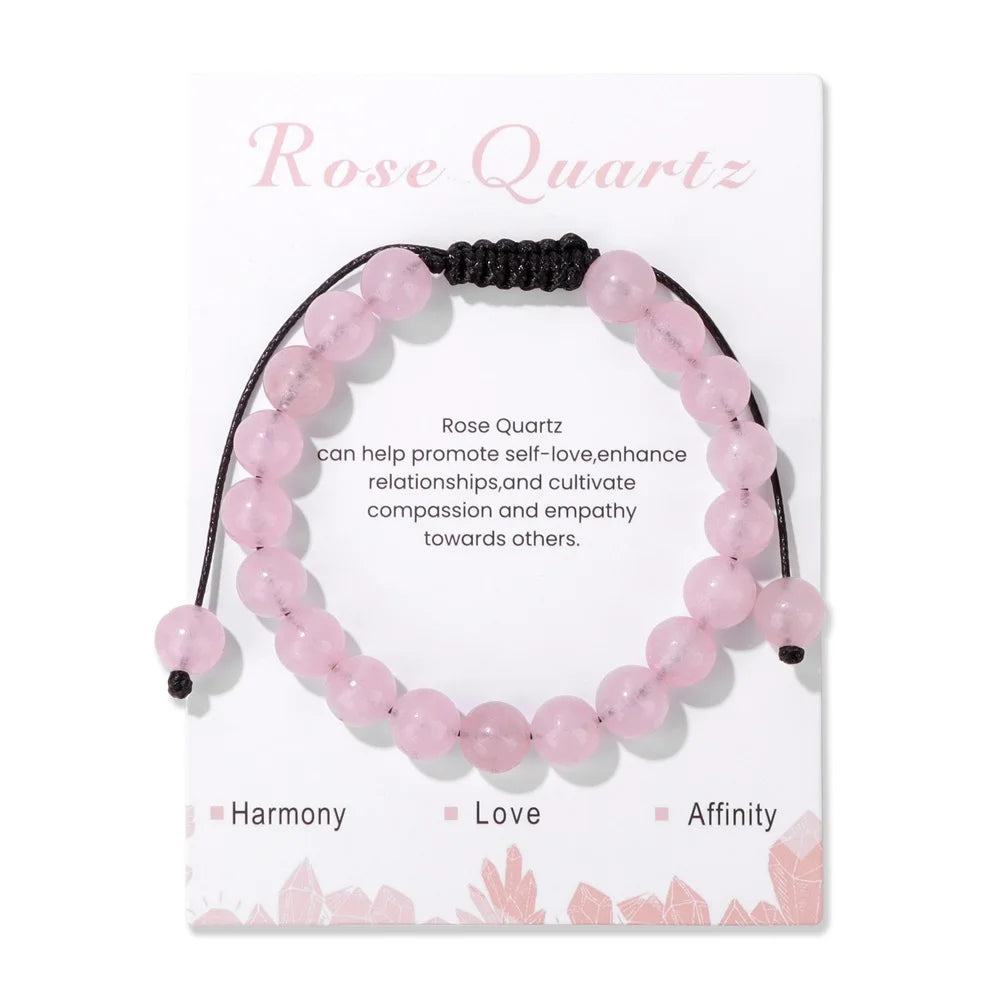 New Natural Stone Amethysts Bracelet with Card 8mm Pink Quartz Fluorite Beads Bracelet Adjustable for Women Men Couple Jewelry