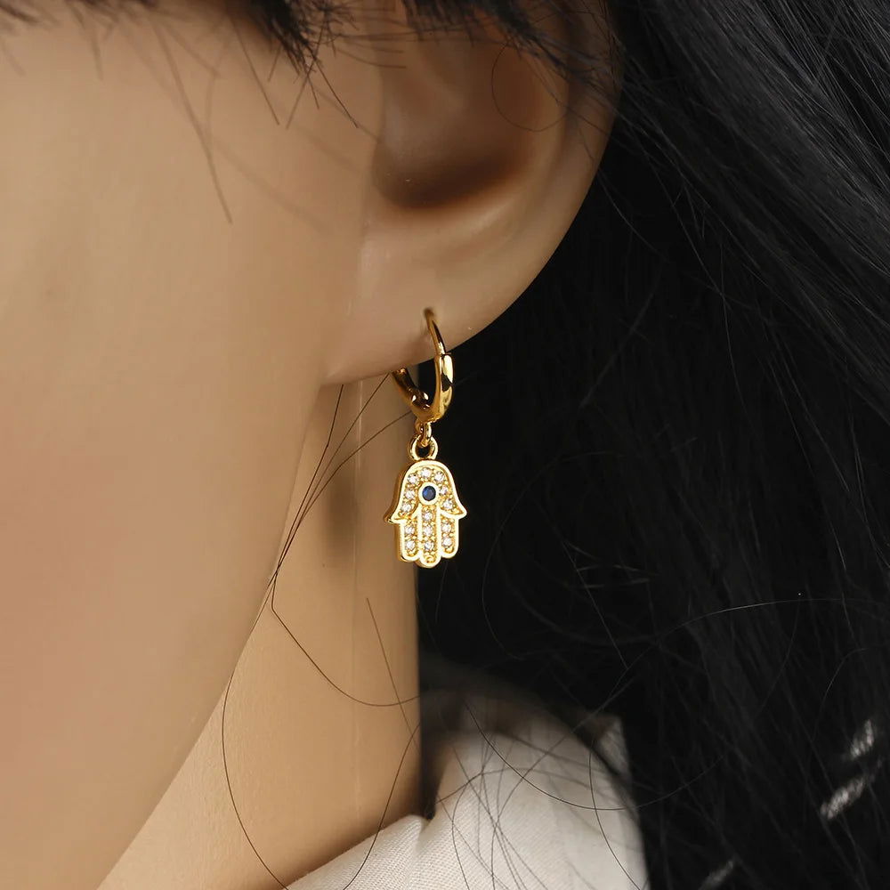 Silver Hamsa Hoop Earrings with Blue Eye Pendant - Grab Life