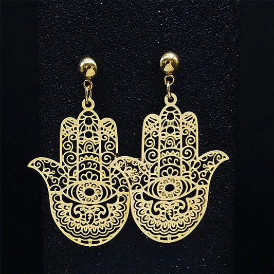 Bohemian Gold Fatima Hamsa Hand Stainless Steel Stud Earrings – Boho Women’s Jewelry - Grab Life