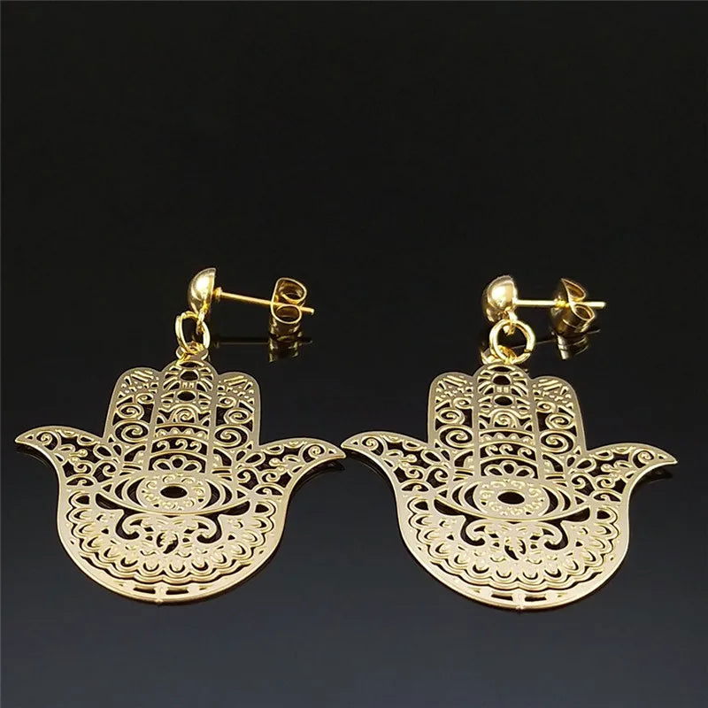 Bohemian Gold Fatima Hamsa Hand Stainless Steel Stud Earrings – Boho Women’s Jewelry - Grab Life