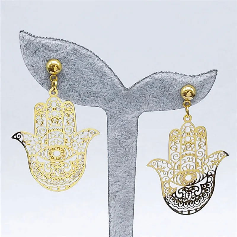 Bohemian Gold Fatima Hamsa Hand Stainless Steel Stud Earrings – Boho Women’s Jewelry - Grab Life