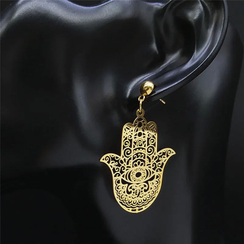 Bohemian Gold Fatima Hamsa Hand Stainless Steel Stud Earrings – Boho Women’s Jewelry - Grab Life