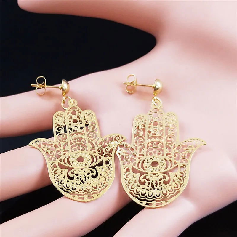 Bohemian Gold Fatima Hamsa Hand Stainless Steel Stud Earrings – Boho Women’s Jewelry - Grab Life