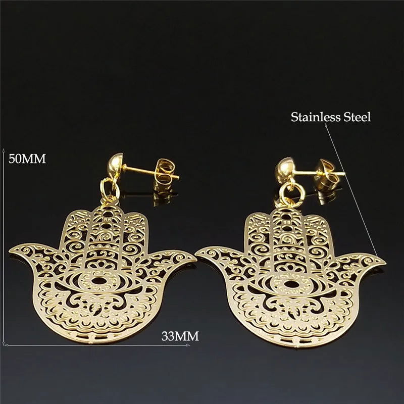 Bohemian Gold Fatima Hamsa Hand Stainless Steel Stud Earrings – Boho Women’s Jewelry - Grab Life