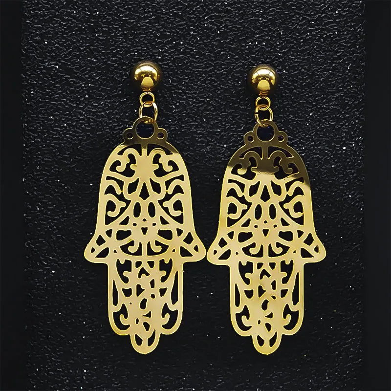 Bohemian Gold Fatima Hamsa Hand Stainless Steel Stud Earrings – Boho Women’s Jewelry - Grab Life