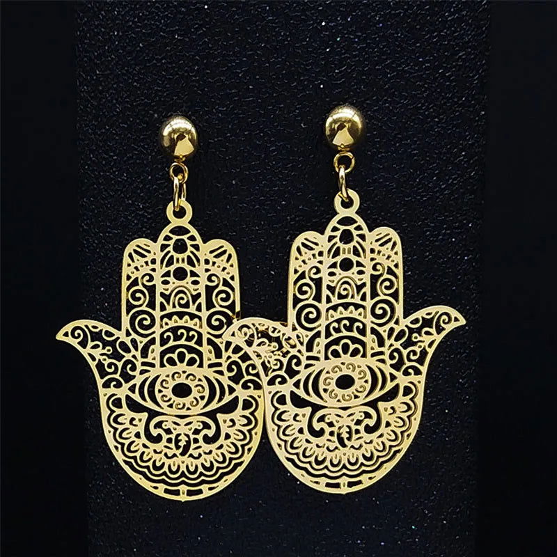 Bohemian Gold Fatima Hamsa Hand Stainless Steel Stud Earrings – Boho Women’s Jewelry - Grab Life