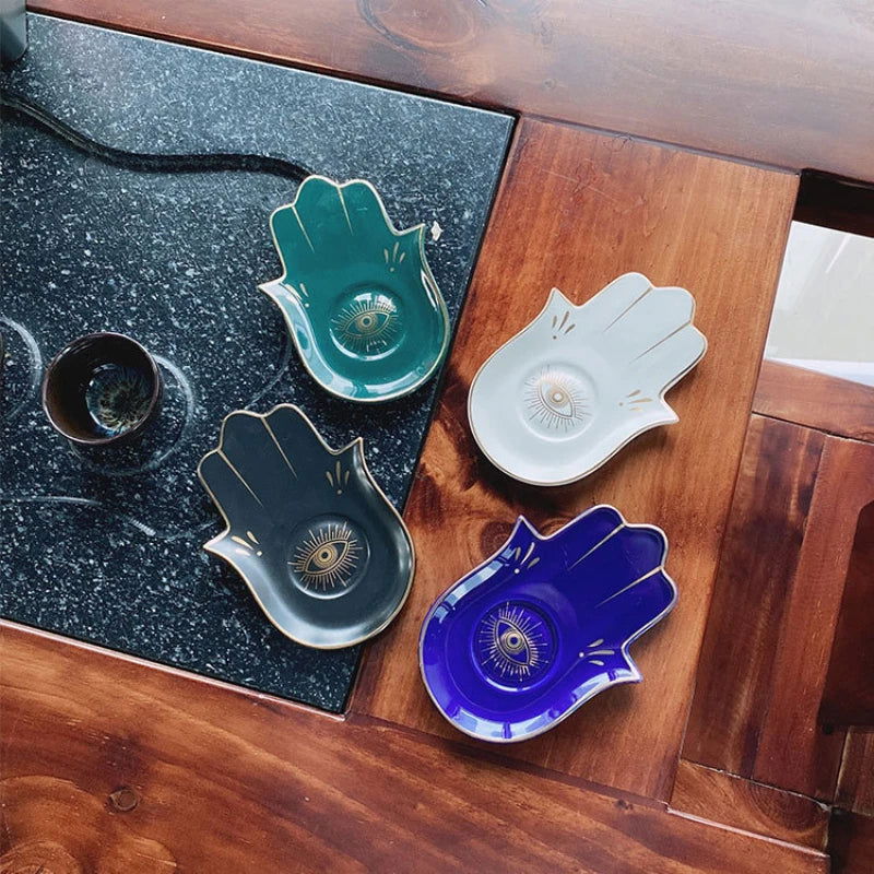 Ceramic Evil Eye Hamsa Hand of Fatima Jewelry Tray Storage Tray Desk Ornament Gothic Home Decor Office Bookcase Decoration - Grab Life