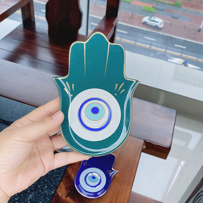 Ceramic Evil Eye Hamsa Hand of Fatima Jewelry Tray Storage Tray Desk Ornament Gothic Home Decor Office Bookcase Decoration - Grab Life