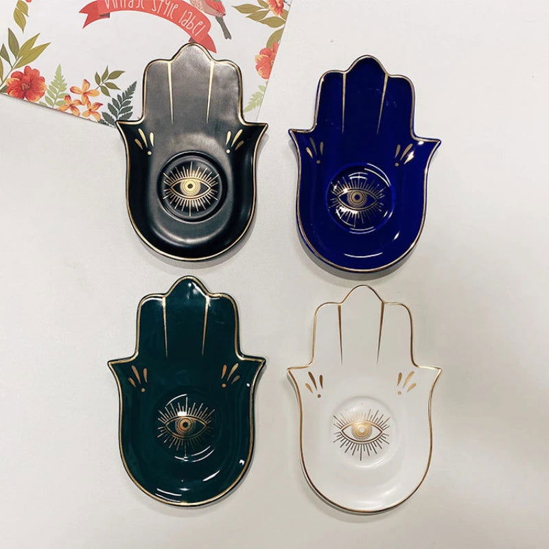 Ceramic Evil Eye Hamsa Hand of Fatima Jewelry Tray Storage Tray Desk Ornament Gothic Home Decor Office Bookcase Decoration - Grab Life