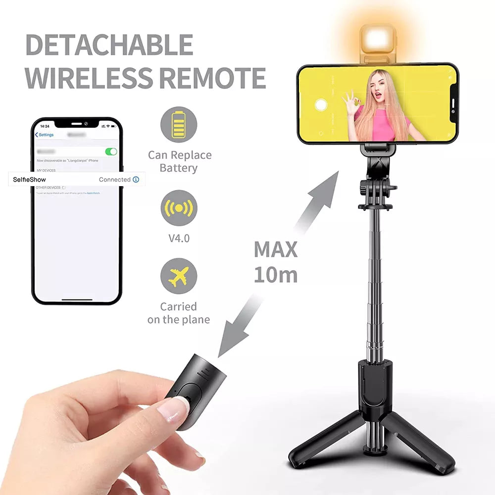 Foldable, Wireless Bluetooth Selfie Stick Tripod with Fill Light - Grab Life