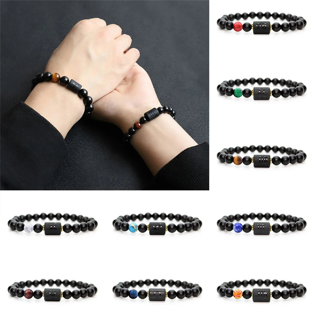 12 Constellation Obsidian Bracelet Fashion Couples Bangles Natural Stone Shiny Black Onyx Beads Bracelets