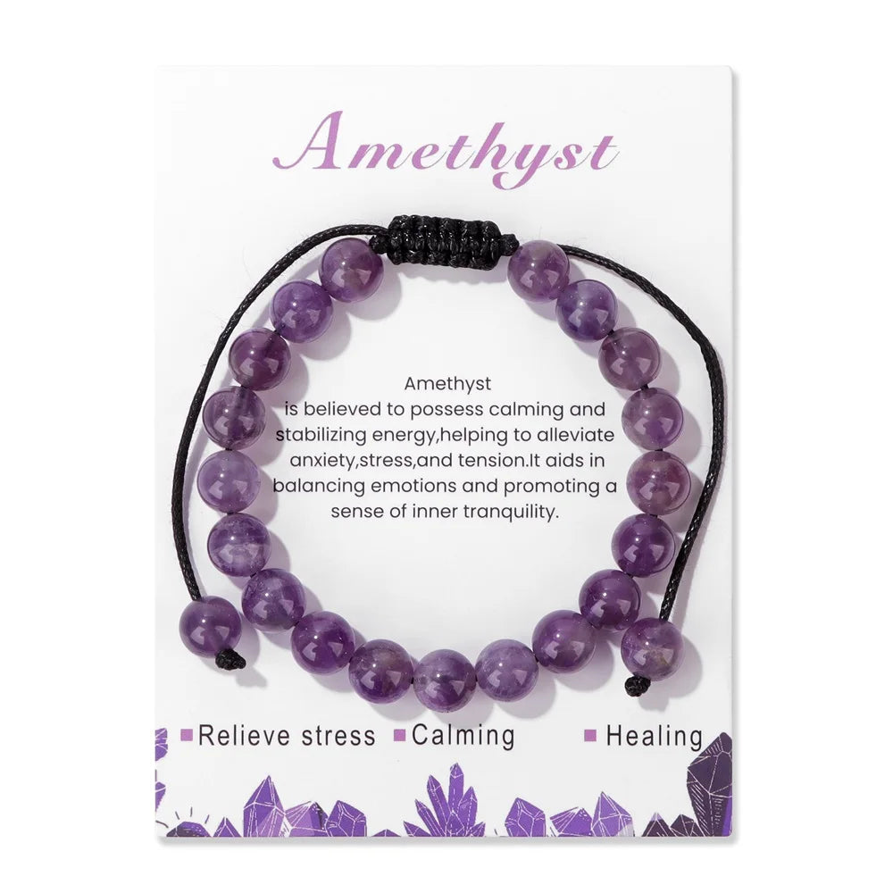 New Natural Stone Amethysts Bracelet with Card 8mm Pink Quartz Fluorite Beads Bracelet Adjustable for Women Men Couple Jewelry