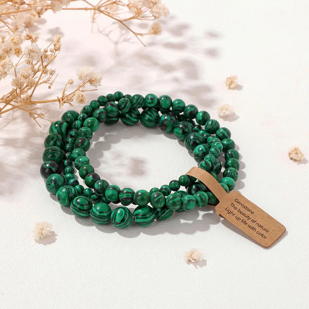 Natural Stone Unakites Beaded Bracelets 3pcs/Set 4/6/8mm Rhodonites Malachites Elastic Rope Bracelet Women Men Yoga Jewelry Gift