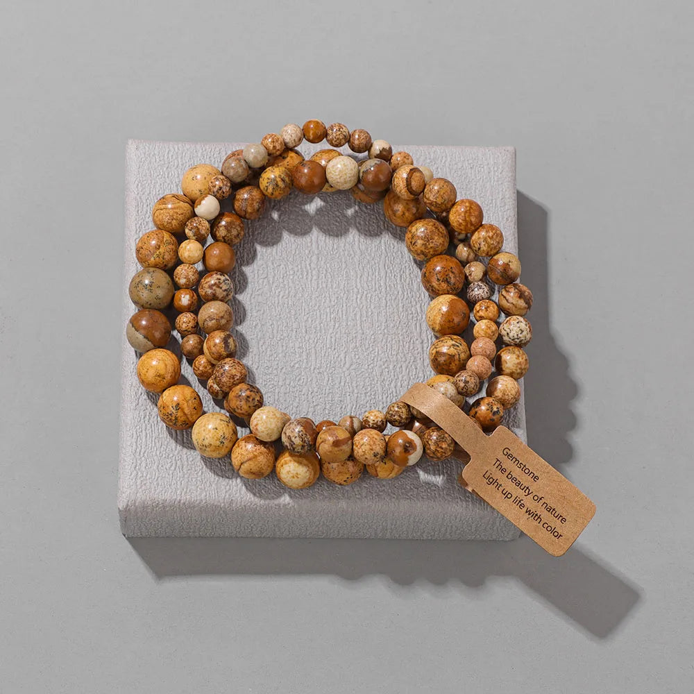 Natural Stone Unakites Beaded Bracelets 3pcs/Set 4/6/8mm Rhodonites Malachites Elastic Rope Bracelet Women Men Yoga Jewelry Gift