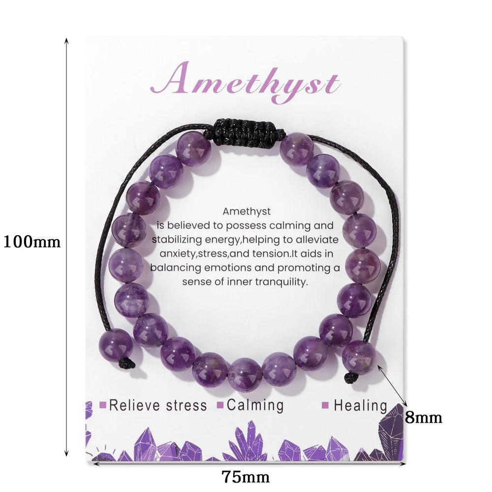 New Natural Stone Amethysts Bracelet with Card 8mm Pink Quartz Fluorite Beads Bracelet Adjustable for Women Men Couple Jewelry