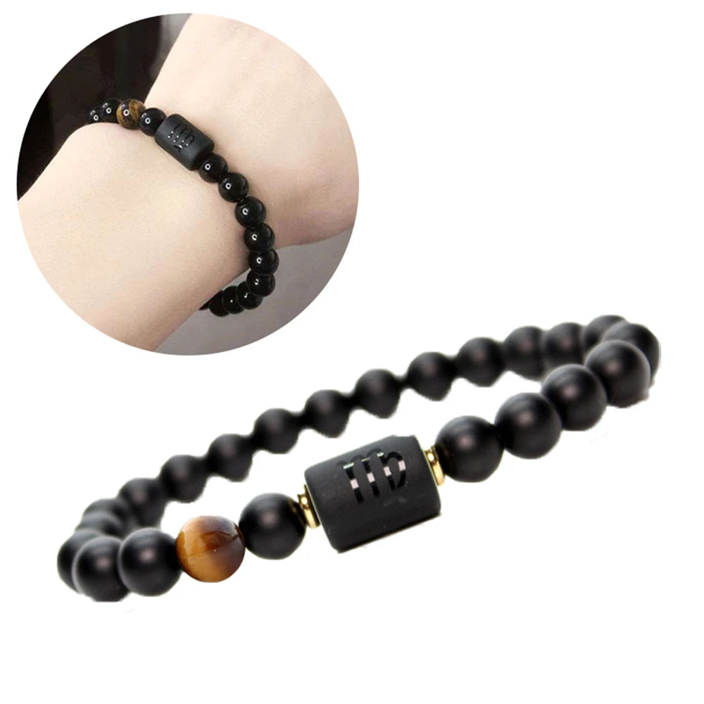 12 Constellation Obsidian Bracelet Fashion Couples Bangles Natural Stone Shiny Black Onyx Beads Bracelets