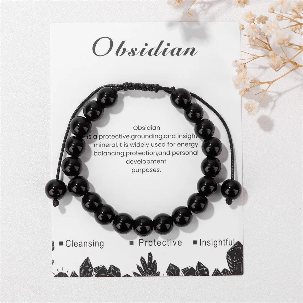 New Natural Stone Amethysts Bracelet with Card 8mm Pink Quartz Fluorite Beads Bracelet Adjustable for Women Men Couple Jewelry