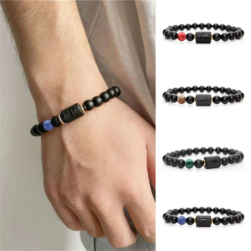 12 Constellation Obsidian Bracelet Fashion Couples Bangles Natural Stone Shiny Black Onyx Beads Bracelets