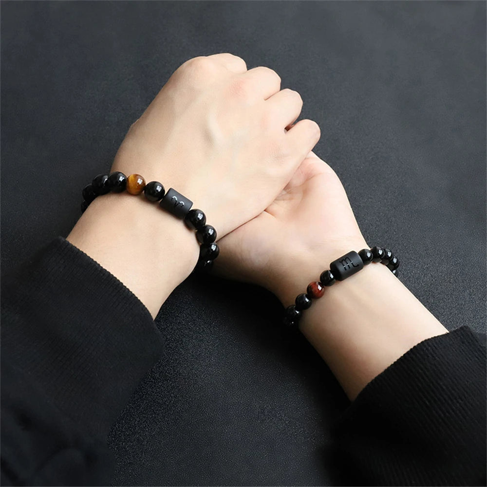 12 Constellation Obsidian Bracelet Fashion Couples Bangles Natural Stone Shiny Black Onyx Beads Bracelets