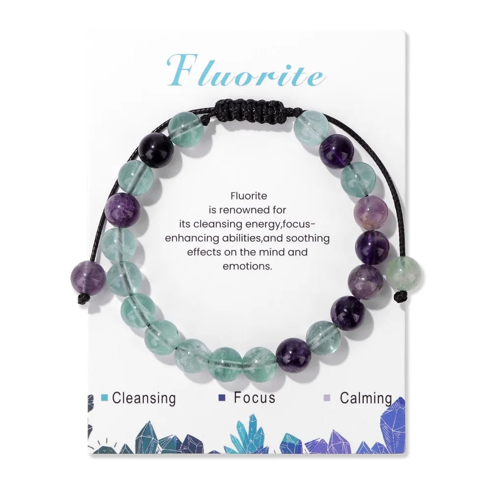 New Natural Stone Amethysts Bracelet with Card 8mm Pink Quartz Fluorite Beads Bracelet Adjustable for Women Men Couple Jewelry