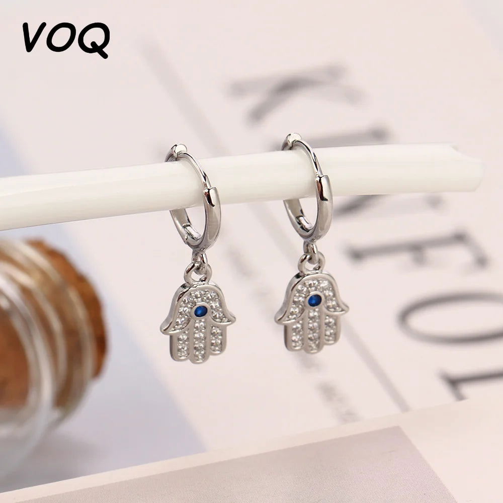 Silver Hamsa Hoop Earrings with Blue Eye Pendant - Grab Life