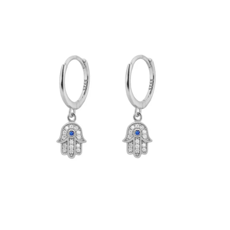Silver Hamsa Hoop Earrings with Blue Eye Pendant - Grab Life