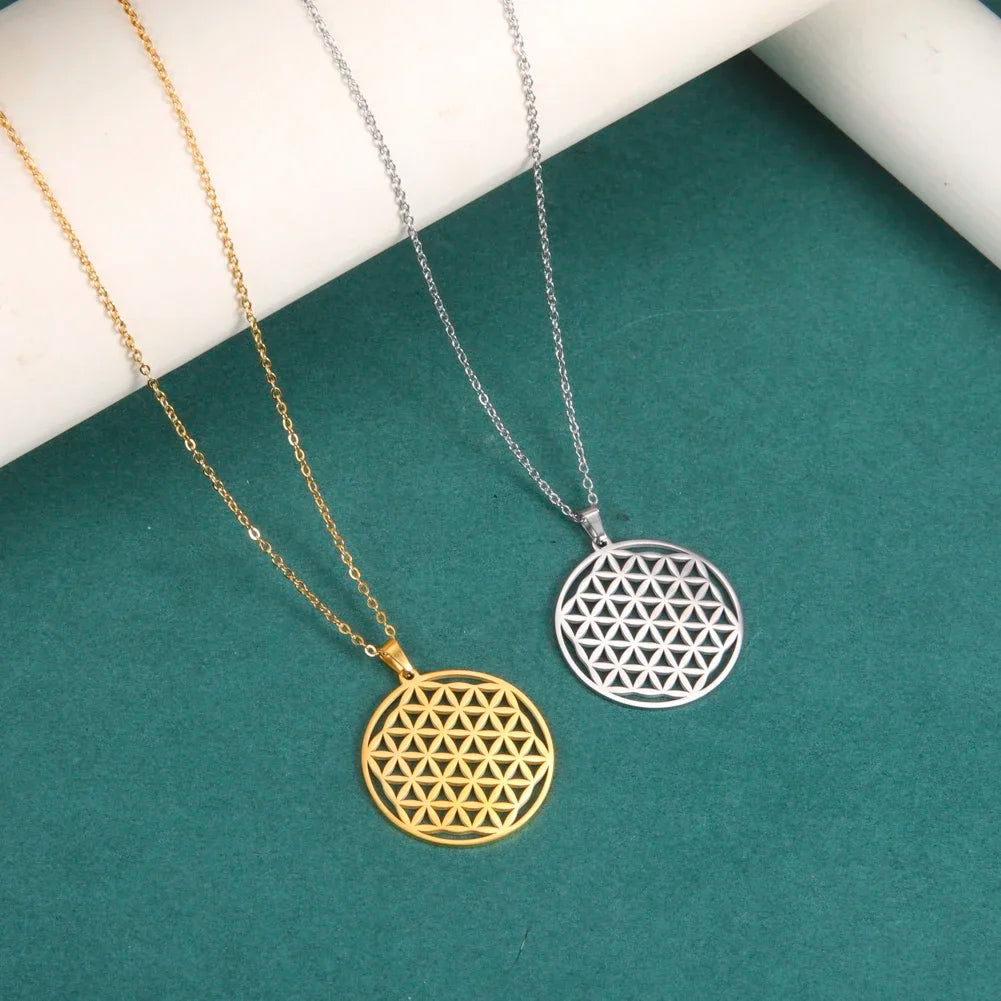 Skyrim Chakra Flower of Life Necklaces Women Sacred Mandala Stainless Steel Chain Necklace Amulet Geometric Jewelry Gift - Grab Life