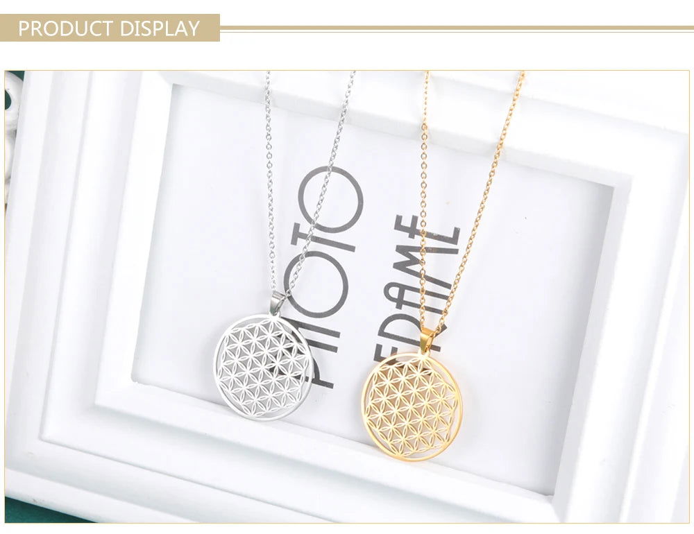 Skyrim Chakra Flower of Life Necklaces Women Sacred Mandala Stainless Steel Chain Necklace Amulet Geometric Jewelry Gift - Grab Life
