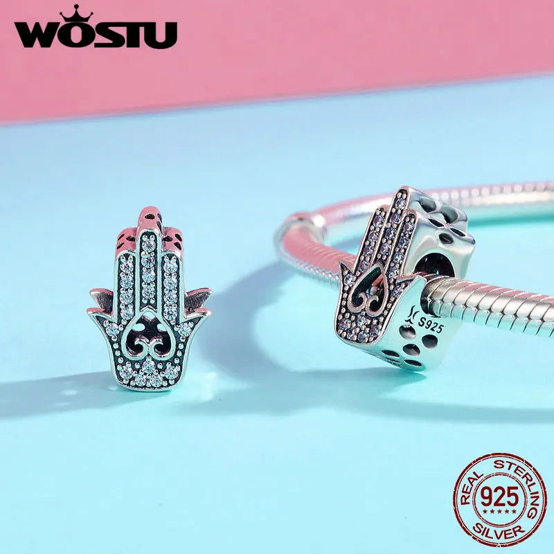 WOSTU 925 Sterling Silver Hand of Fatima Charm with Evil Eye – Bead Pendant for DIY Bracelets & Necklaces - Grab Life